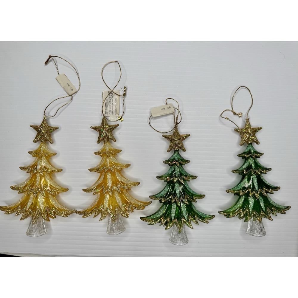 Vintage Department 56 Christmas Tree Ornaments Lot of 4 Green Gold Glitter 5.5in